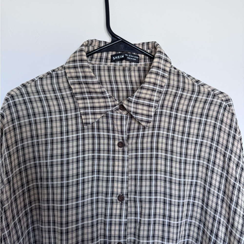 SHEIN Women’s Tan and Black Plaid Button Down Shirt